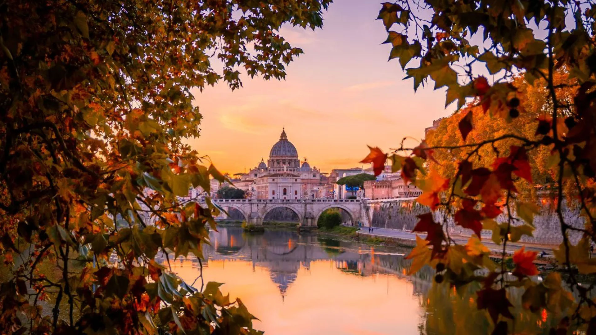 Le Imperdibili Attività di Novembre 2024 a Roma - Vista della Cupola di San Pietro tra le piante, con il fiume Tevere e un ponte storico di Roma in primo piano - Roman Limousine Service