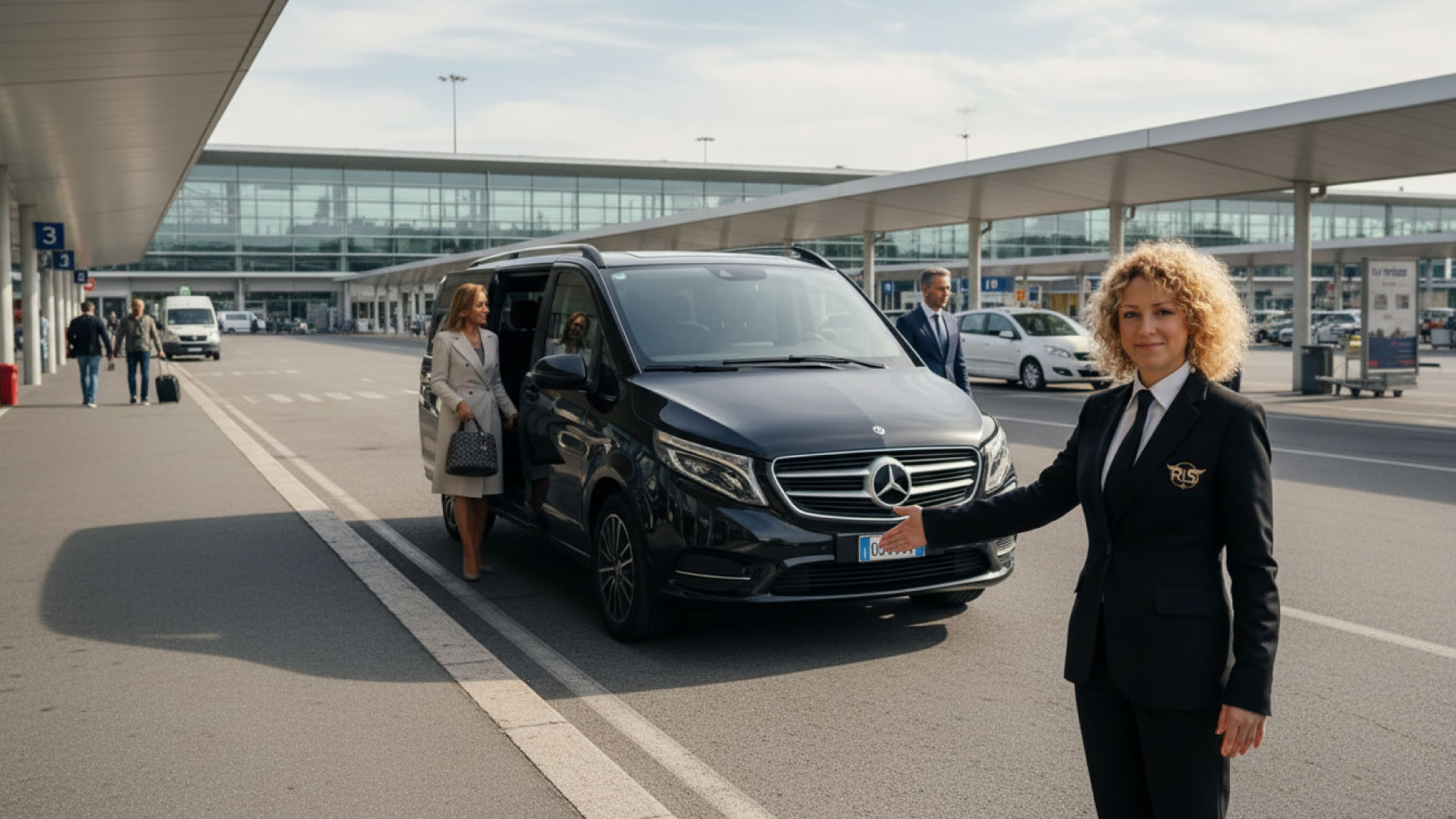 Accoglienza VIP di Roman Limousine Service all'aeroporto di Fiumicino: un'autista professionale riceve una cliente davanti a un Van Mercedes nero per un trasferimento esclusivo verso il centro.