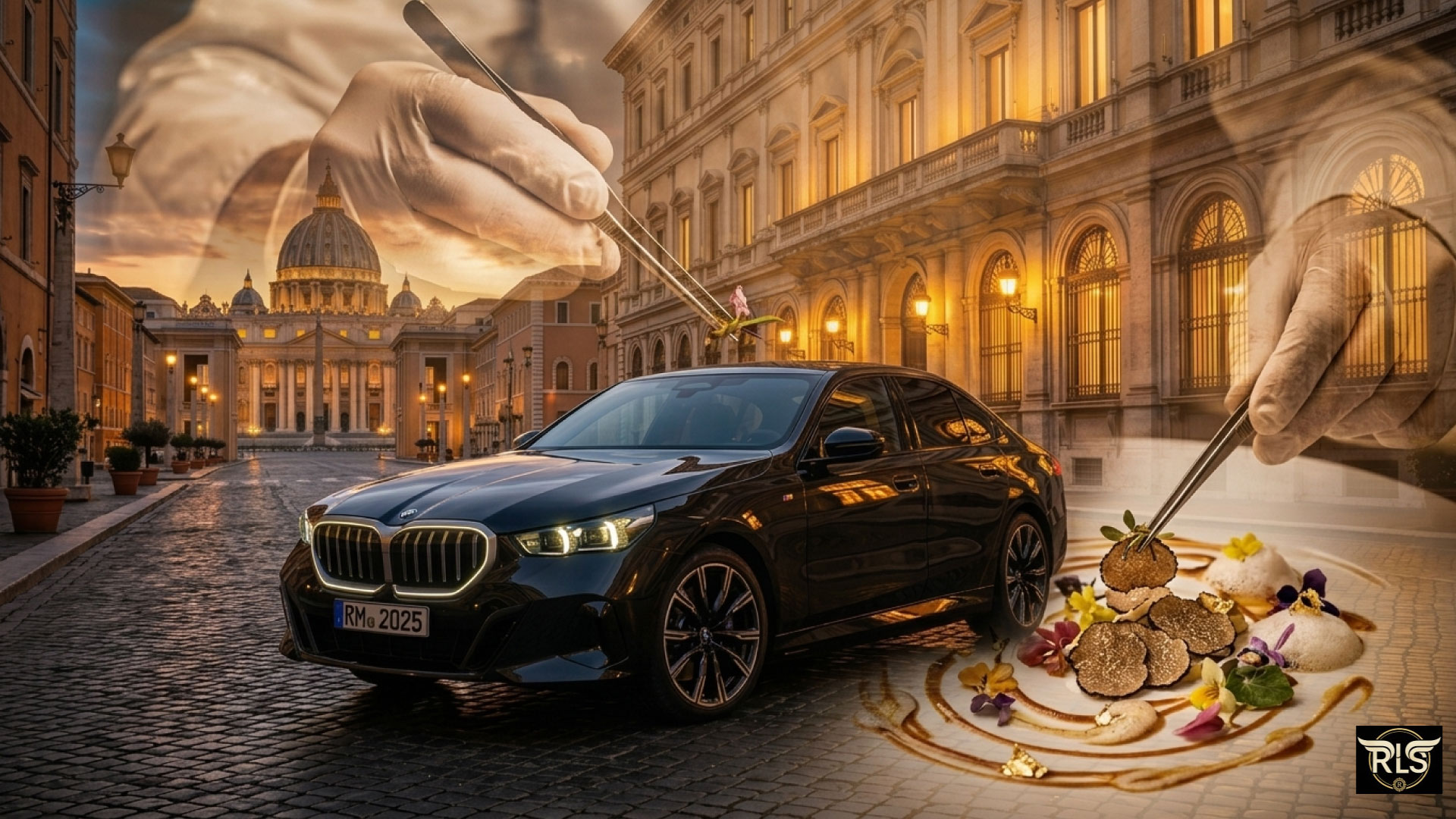 Composizione artistica: BMW Serie 5 di lusso parcheggiata a Roma con la Basilica di San Pietro. Sullo sfondo, mani di uno chef stellato in trasparenza preparano un piatto gourmet. Atmosfera golden hour e logo RLS.