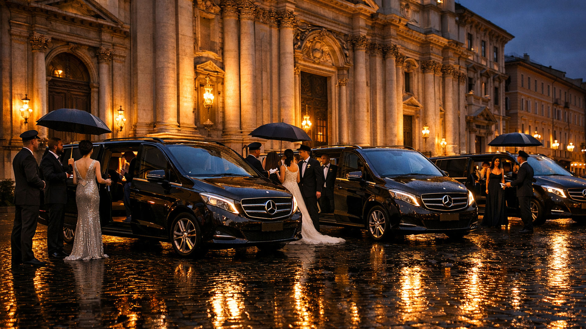 Tre van Mercedes-Benz V-Class neri e lucenti accolgono ospiti di nozze davanti a un palazzo barocco romano al crepuscolo. Chauffeur eleganti aprono le porte e tengono gli ombrelli mentre gli invitati in abiti da sera scendono. L’immagine rappresenta la logistica matrimoni di lusso curata da Roman Limousine Service, simbolo di trasporto ospiti matrimonio e noleggio van lusso Roma, con riflessi dorati sulle pietre bagnate e un’atmosfera cinematografica di prestigio.