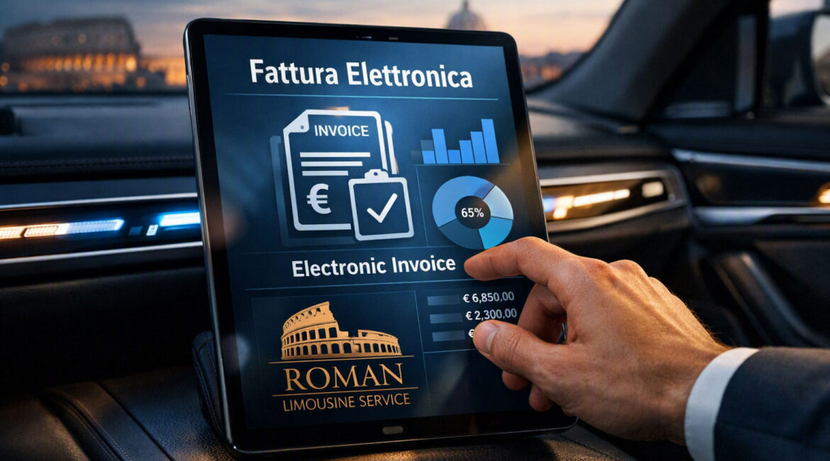 Close-up fotorealistico di un tablet di lusso all’interno di una BMW 5 Series 2025, con l’app “Fattura Elettronica” aperta e il logo dorato di Roman Limousine Service visibile sullo schermo. Un professionista in abito elegante interagisce con l’interfaccia, mentre sullo sfondo si intravedono la barra luminosa dell’auto e il profilo del Colosseo al tramonto.